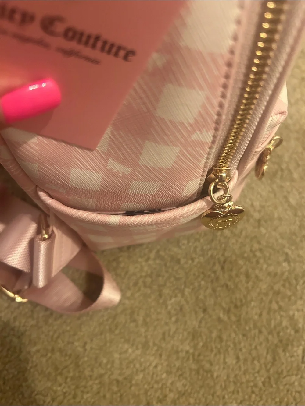 Juicy Couture Pink Gingham Mini Backpack with Fluffy Pom Charm